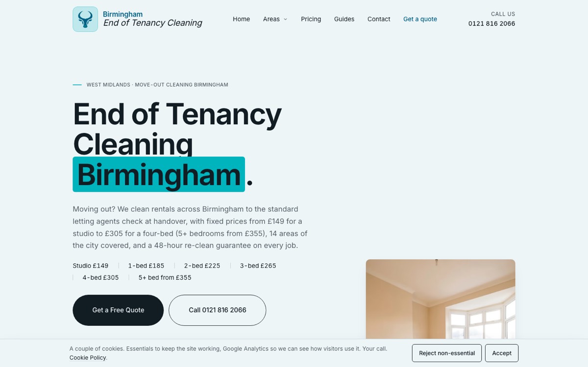 The Birmingham end of tenancy cleaning site homepage