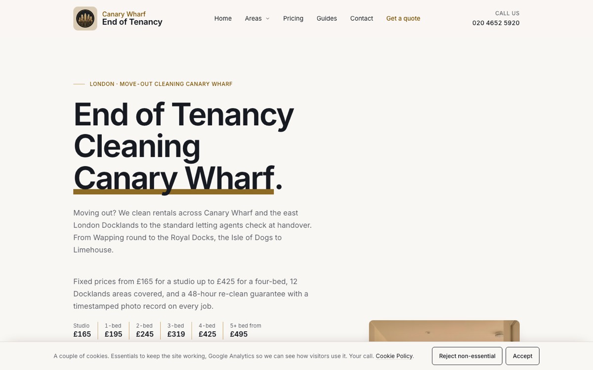 The Canary Wharf end of tenancy cleaning site homepage