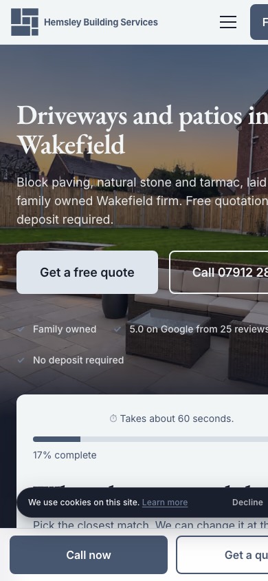 The Hemsley Building Services homepage on a phone screen