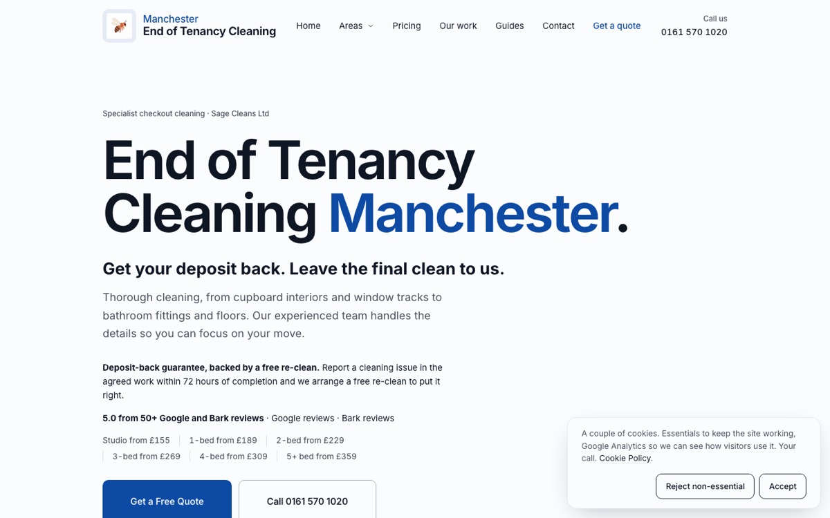 The Manchester End of Tenancy Cleaning homepage, one of the nine cleaning sites we run, on a desktop screen