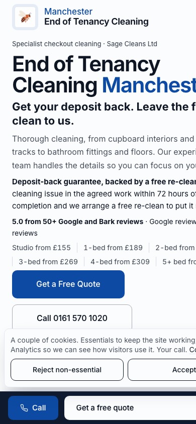 The Manchester End of Tenancy Cleaning homepage on a phone screen