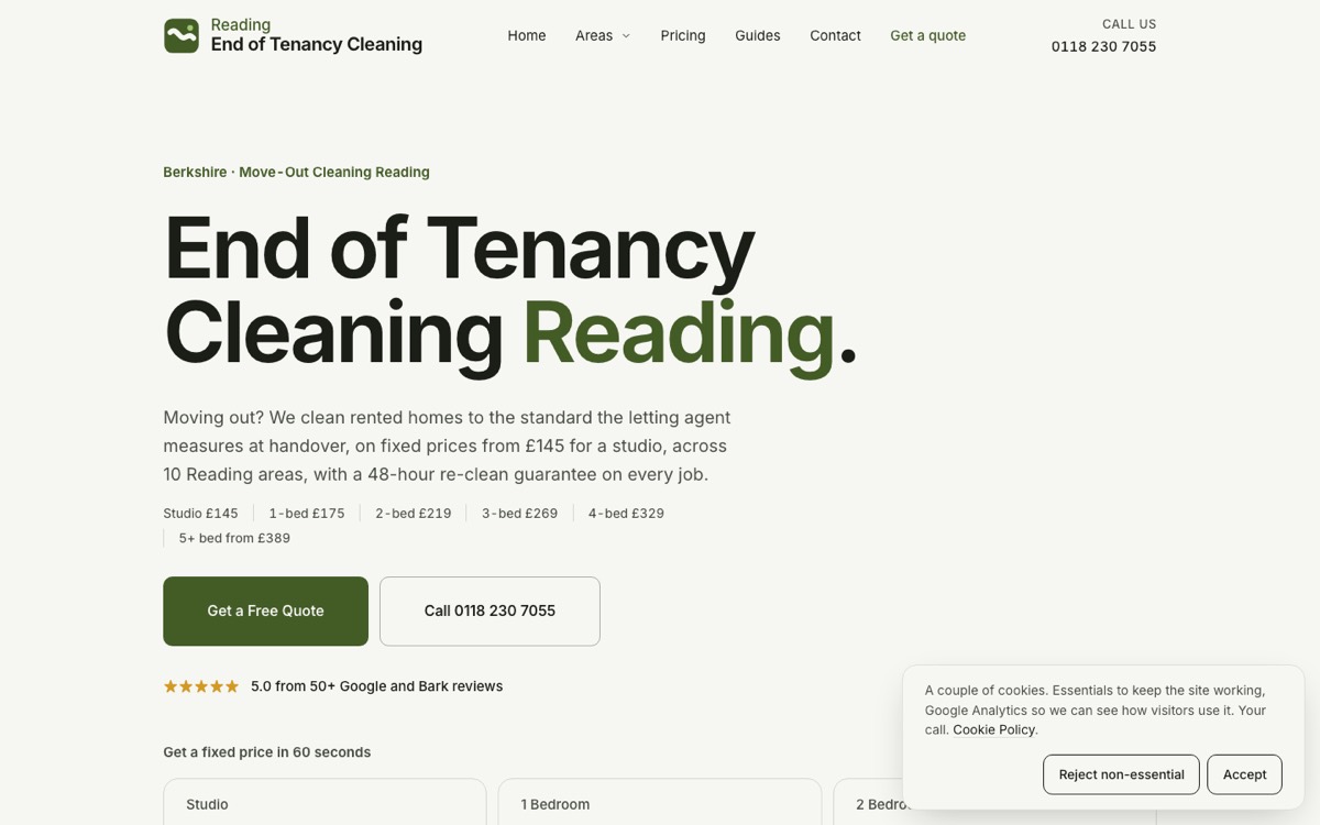 The Reading end of tenancy cleaning site homepage