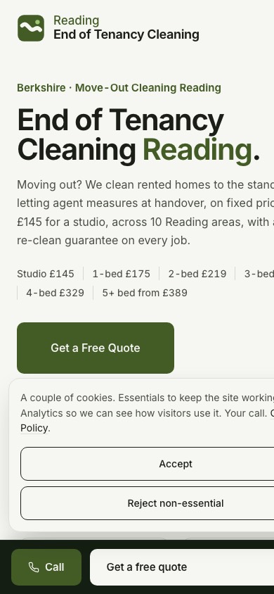 The Reading end of tenancy cleaning site homepage on a phone screen