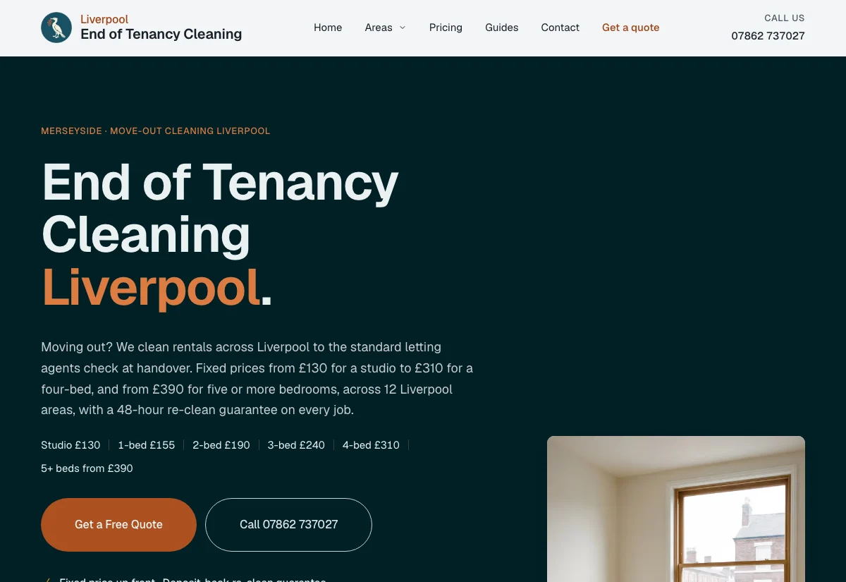Specialist end of tenancy cleaning website built and run in Liverpool by Hammer & Pixel