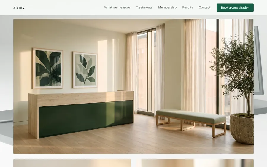 A visualisation of the clinic arrival: a travertine reception desk with a deep green front, botanical prints and an olive tree in warm daylight
