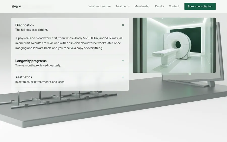 The treatments section open on Diagnostics beside a visualisation of the clinic MRI suite, the whole-body scanner in a near-white room
