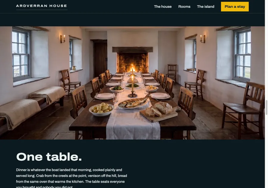 The table at Ardverran House: candlelight and hearth in a dusk-lit dining room