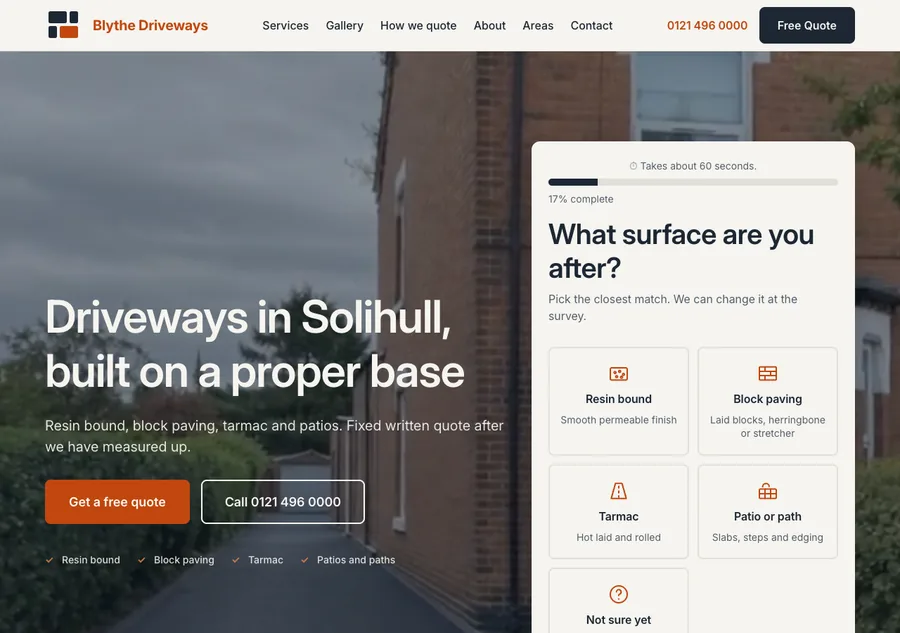 The homepage at full desktop width: the landscape hero film running behind the headline on the left, with the six step quote flow open on the right at its first question