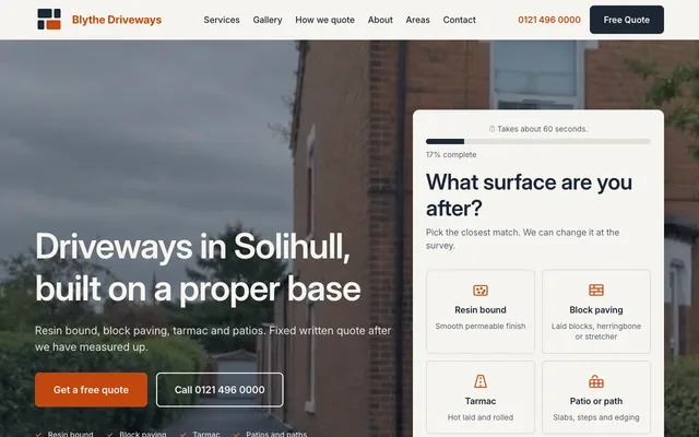 A Solihull driveways firm, told through before and after sliders that live inside the service cards.