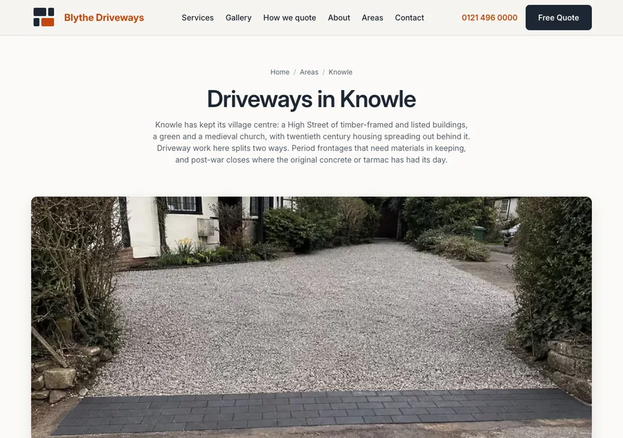 The Knowle area page: the heading Driveways in Knowle over copy about the village High Street, its listed frontages and its post war closes, above a full width photograph of a finished gravel drive