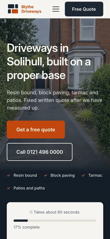 The portrait hero on a phone: the film shot upright for the screen rather than cropped, behind the headline Driveways in Solihull, built on a proper base and a Get a free quote button