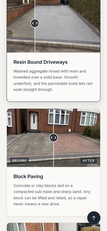 A slider working under touch on a phone: the resin bound card split down the middle with the handle held, and the block paving card below it still showing its BEFORE and AFTER chips