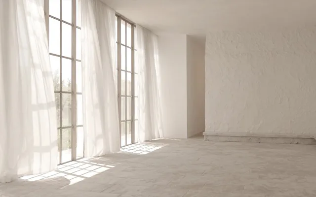 The Clerestory hero frame: dawn windows glowing through sheer linen