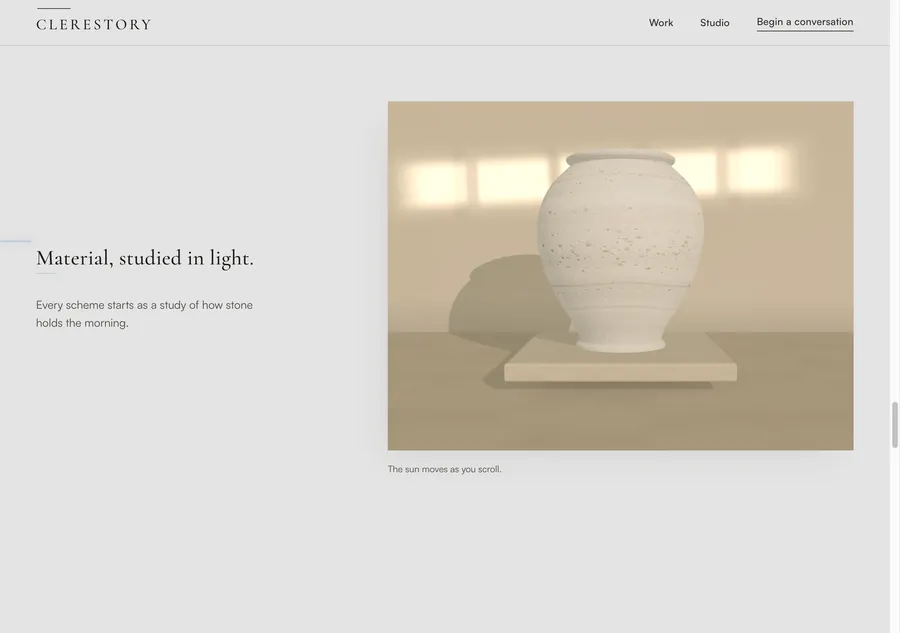 The turned-stone vessel study: a procedural travertine vessel on a plinth, lit by window light in a limewashed room