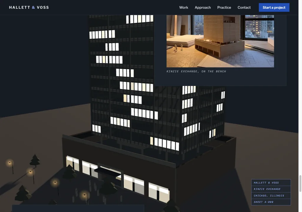 The Hallett and Voss page after the dusk inversion: the real-time building lit floor by floor against a dark ground, plaza lamps burning below