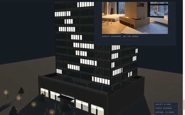 The Hallett and Voss hero frame: the real-time building lit floor by floor at dusk