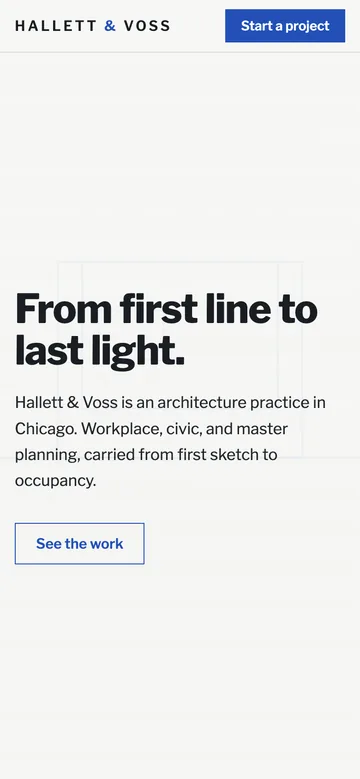 The Hallett and Voss hero on a phone, the drawing sheet and title block live at the top of the page