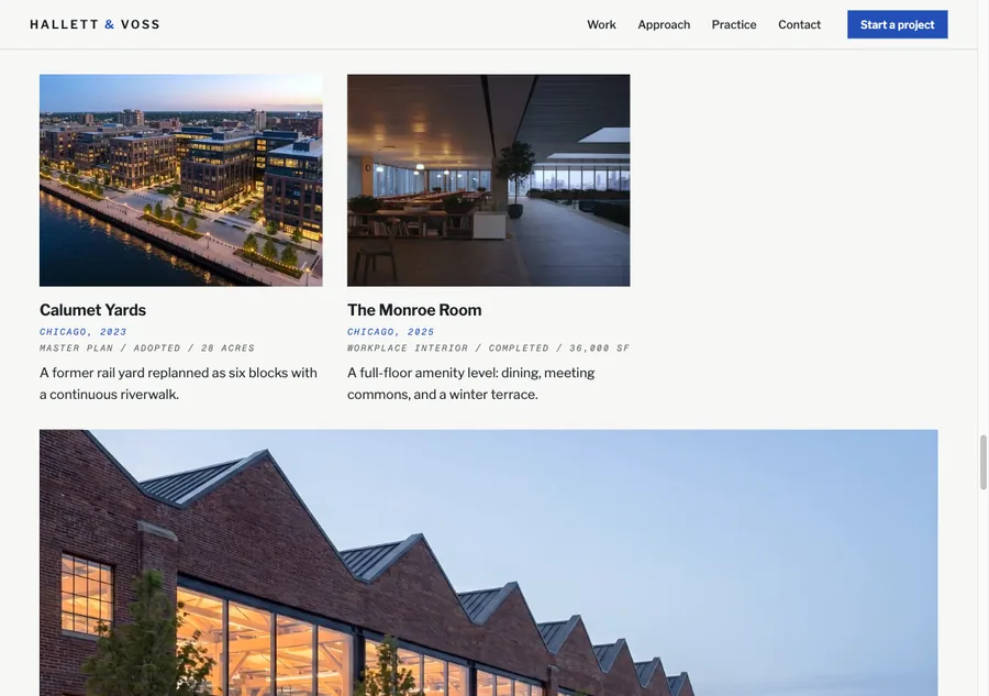 The Selected work grid: the Calumet Yards masterplan riverwalk at dusk, the Monroe Room interior, and the sawtooth roof of Ashland Works