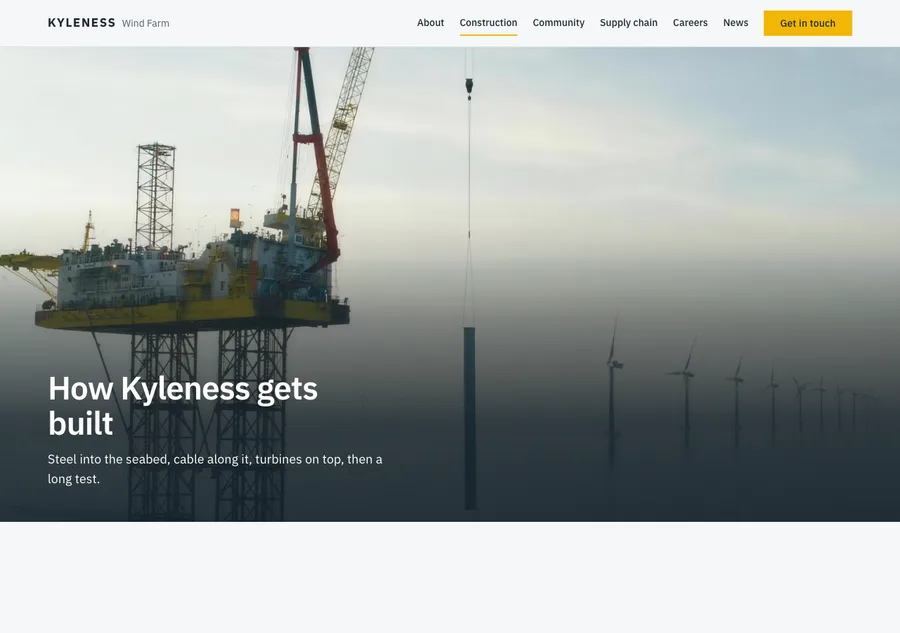 The construction page window held mid scroll: a jack up vessel and a monopile in sea mist beneath the headline How Kyleness gets built