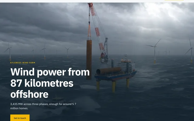 A 3,435 megawatt offshore wind farm, told through scroll windows that hold the North Sea perfectly still.