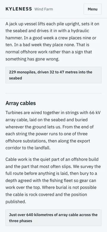 The construction page on a phone: monopile and array cable copy with measured callouts, 229 monopiles driven 32 to 47 metres