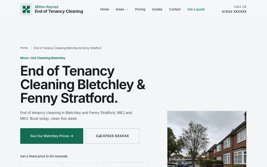 The Bletchley area page: the heading End of Tenancy Cleaning Bletchley and Fenny Stratford over copy naming the MK2 and MK3 postcodes, with a photograph of a suburban street of semi detached houses beside it