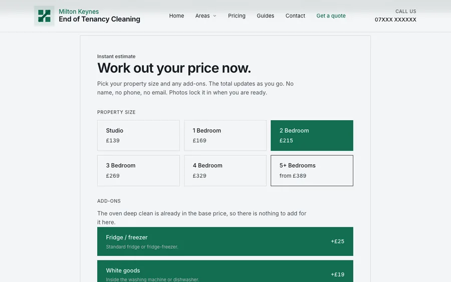 The cost calculator part way through, under the heading Work out your price now: six property sizes priced from a studio at 139 pounds to five or more bedrooms from 389, with 2 Bedroom selected, and the add-on rows below noting the oven deep clean is already in the base price