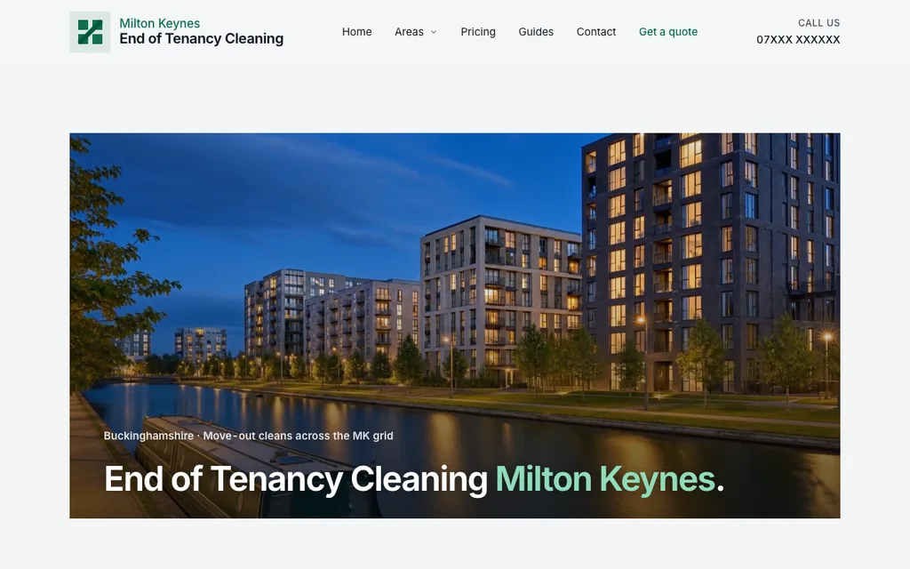 The Milton Keynes homepage: the headline End of Tenancy Cleaning Milton Keynes set over the water of a canal at blue hour, with a narrowboat moored below lit apartment blocks