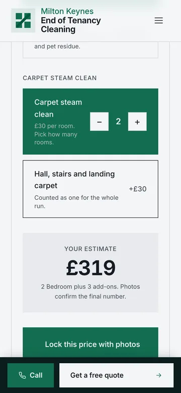 The calculator working under touch on a phone: the carpet steam clean stepper held at two rooms, and a running estimate of 319 pounds shown in tabular figures for a two bedroom clean plus three add-ons