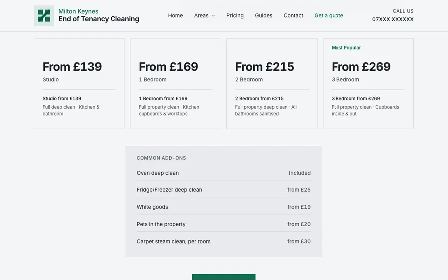 The published price block on the homepage: four cards reading From 139, From 169, From 215 and From 269 pounds in tabular figures, above a common add-ons table with the oven deep clean listed as included