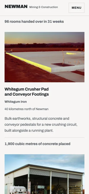 A project sheet on a phone: the Whitegum crusher pad photographed at dawn, with the quantity 1,900 cubic metres of concrete placed