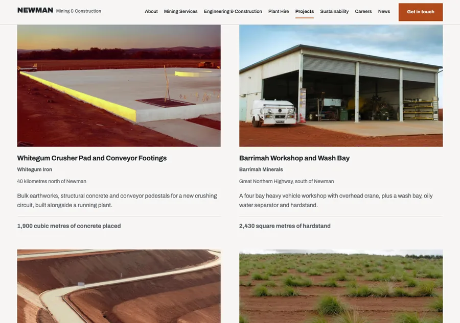 Two project sheets side by side: the Whitegum crusher pad with 1,900 cubic metres of concrete placed, and the Barrimah workshop with 2,430 square metres of hardstand