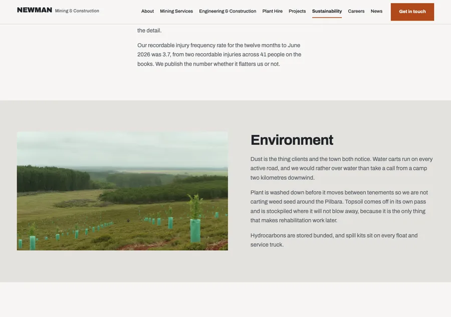 The sustainability page Environment section: revegetation seedlings in guards on rehabilitated ground beside plain spoken copy about dust and topsoil
