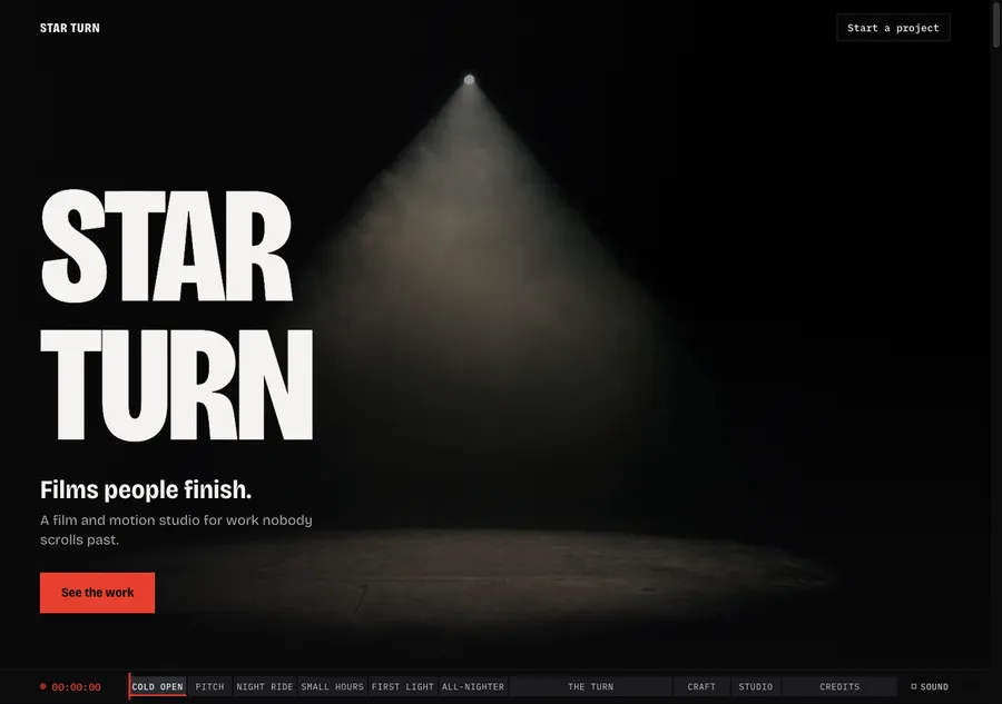 The Star Turn title card: condensed white capitals over a single spotlight on a hazy studio floor