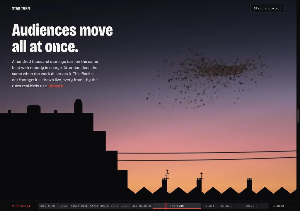 The Turn mid-beat: the murmuration tightening over the dusk skyline, the timeline spine and red playhead below