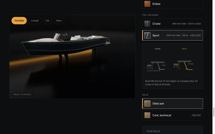 The configurator on desktop: the hull on its turntable beside the option rail, with the Sport foil package at plus fourteen thousand dollars selected and the cork deck at plus three thousand five hundred below it