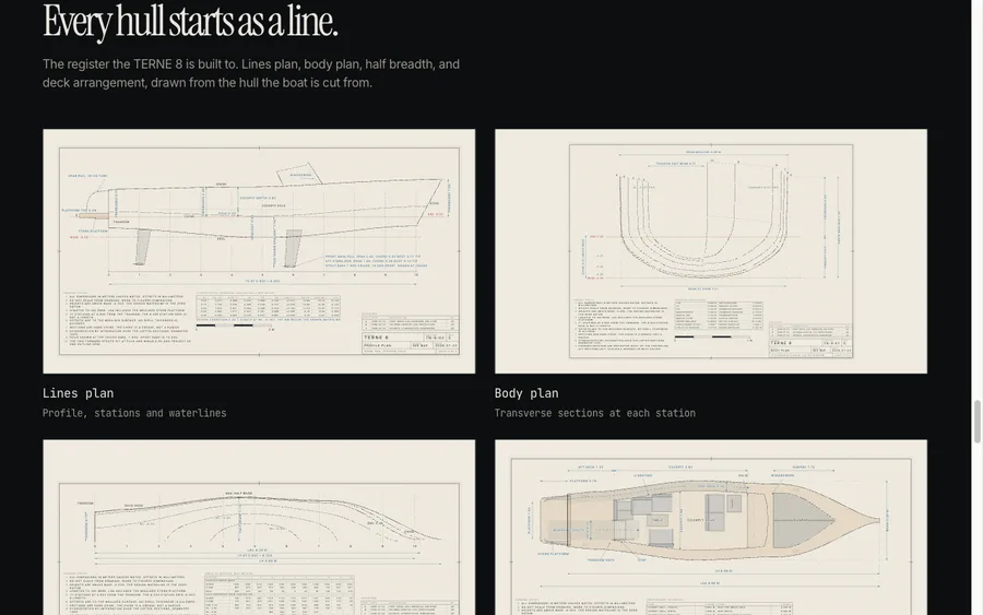 The drawings section under the heading Every hull starts as a line: the lines plan and the body plan drawn on cream sheets, each with its own title block, dimension chains and notes