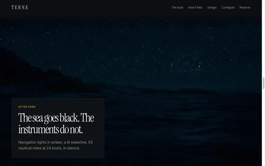 The night beat: a star field over black water, with the copy panel reading The sea goes black. The instruments do not.