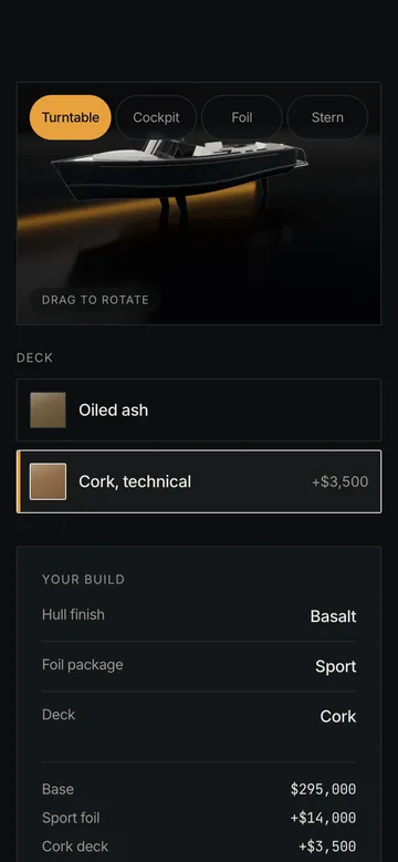 The configurator on a phone: the boat pinned to the top of the screen while the cork deck option at plus three thousand five hundred dollars is chosen underneath it, the build sheet totalling below