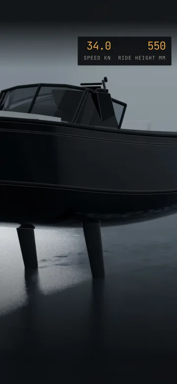 The hull up on its foils on a phone, the live readout showing 34.0 knots and 550 millimetres of ride height