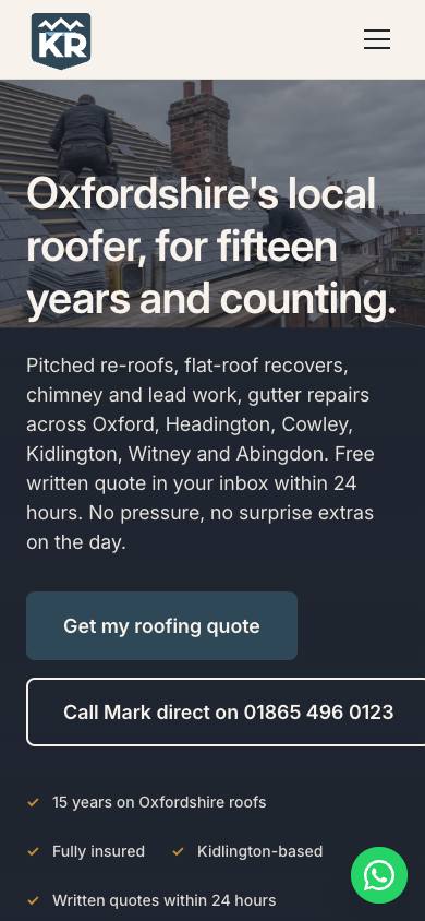 The Kidlington Roofing homepage on a phone screen