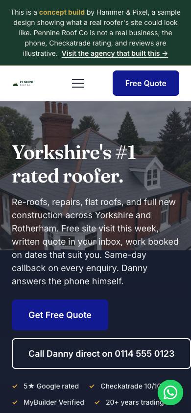 The Pennine Roof Co homepage on a phone screen