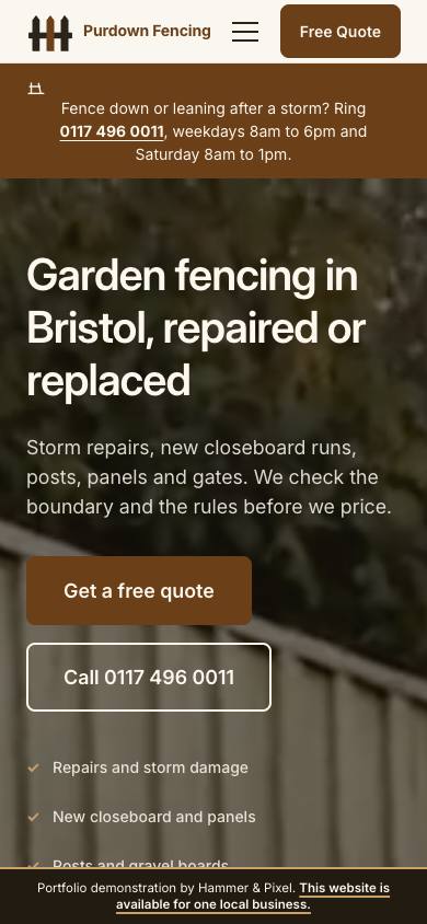 The Purdown Fencing homepage on a phone screen