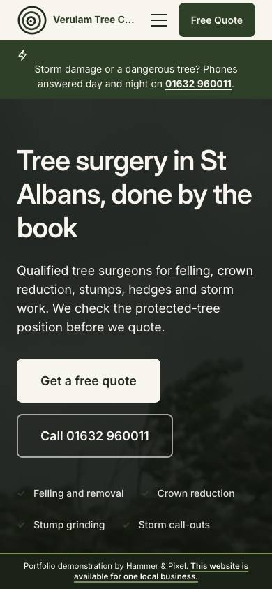 The Verulam Tree Care homepage on a phone screen