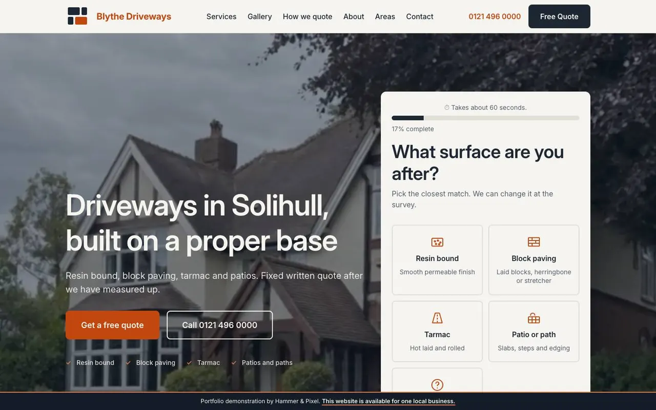 The Blythe Driveways demo site we built, open on a desktop screen