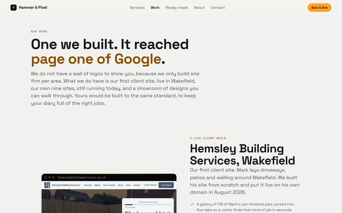The work page on the Hammer & Pixel site, showing the Hemsley Building Services build we shipped in Wakefield.