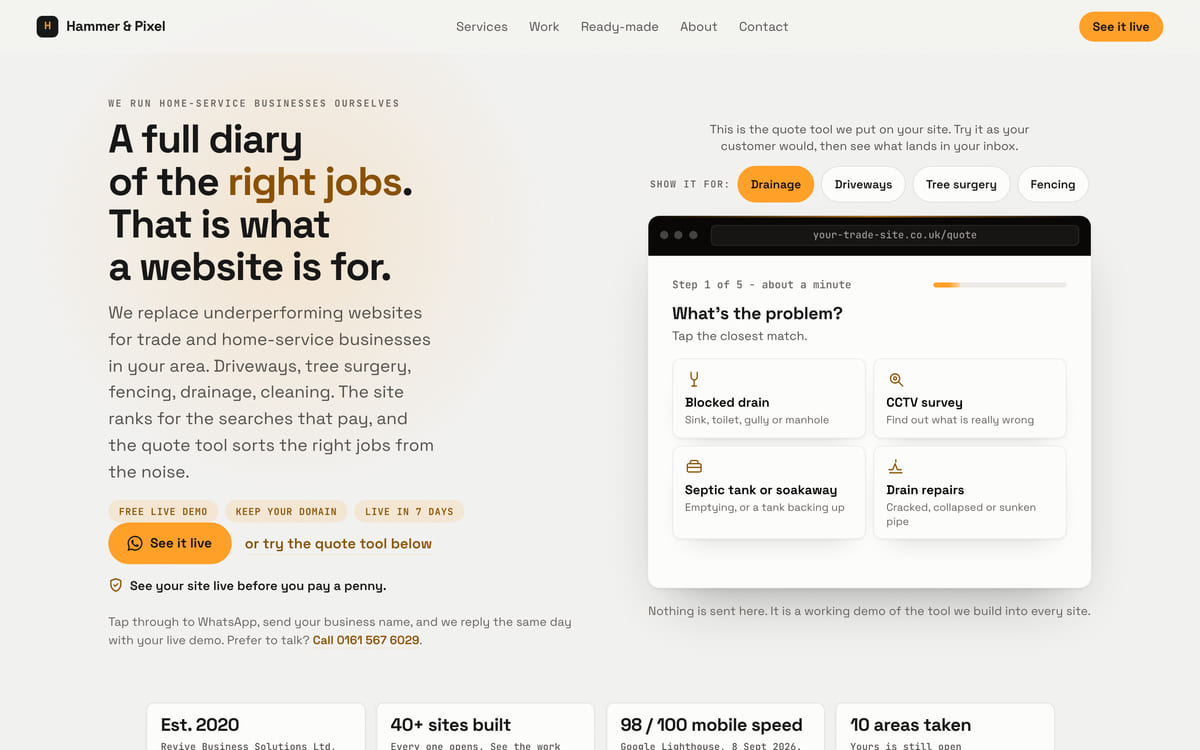 The Hammer & Pixel homepage at desktop width, with the headline on the left and the trade quote tool on the right.