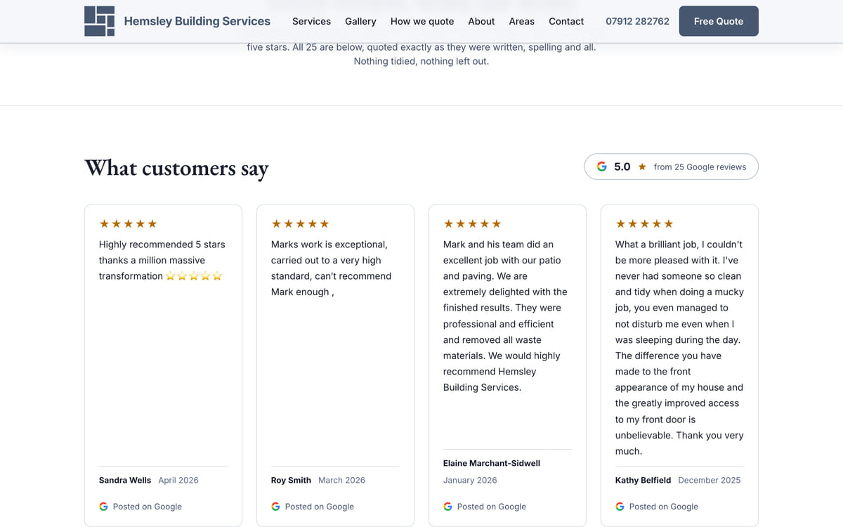 The reviews page on the Hemsley Building Services site, showing customer reviews posted on Google.