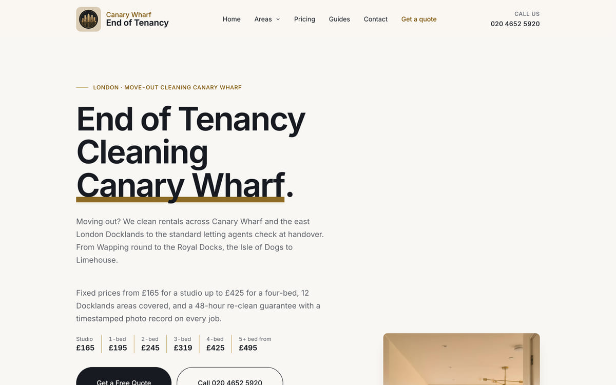 The End of Tenancy Cleaning Canary Wharf site we build and look after, at desktop width, showing the hero and the prices.