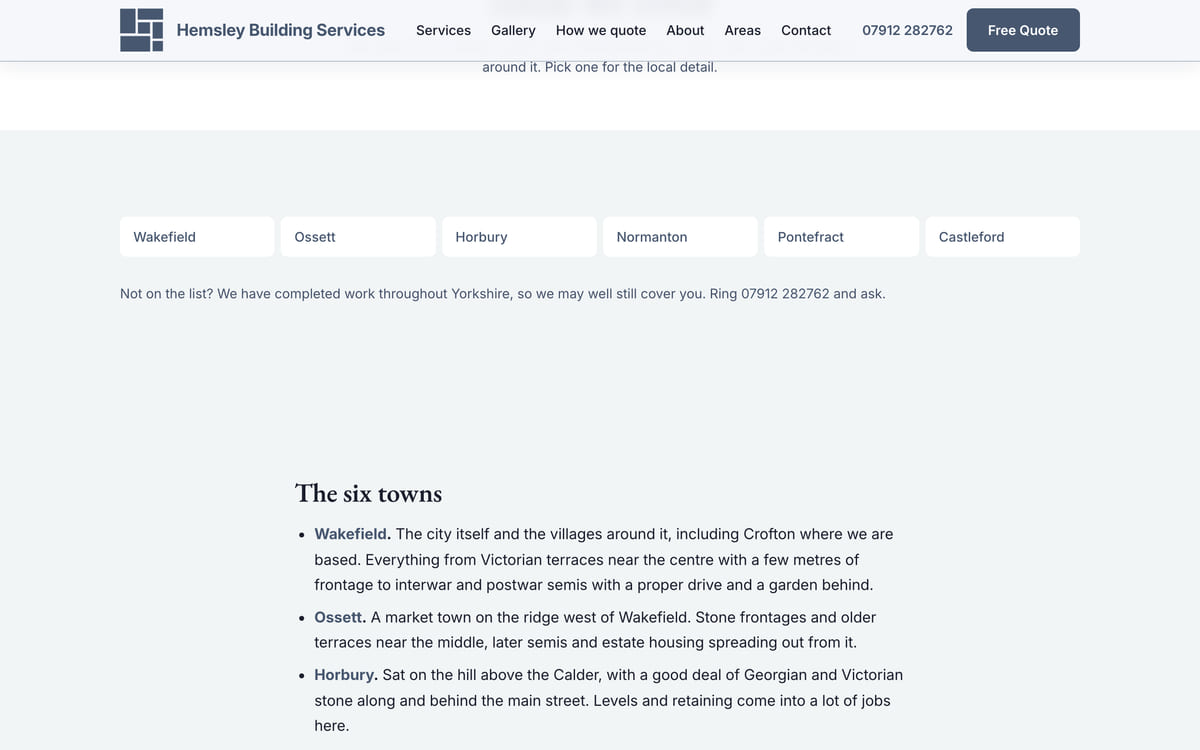 The areas page on the Hemsley Building Services site, listing the six towns the firm covers around Wakefield.